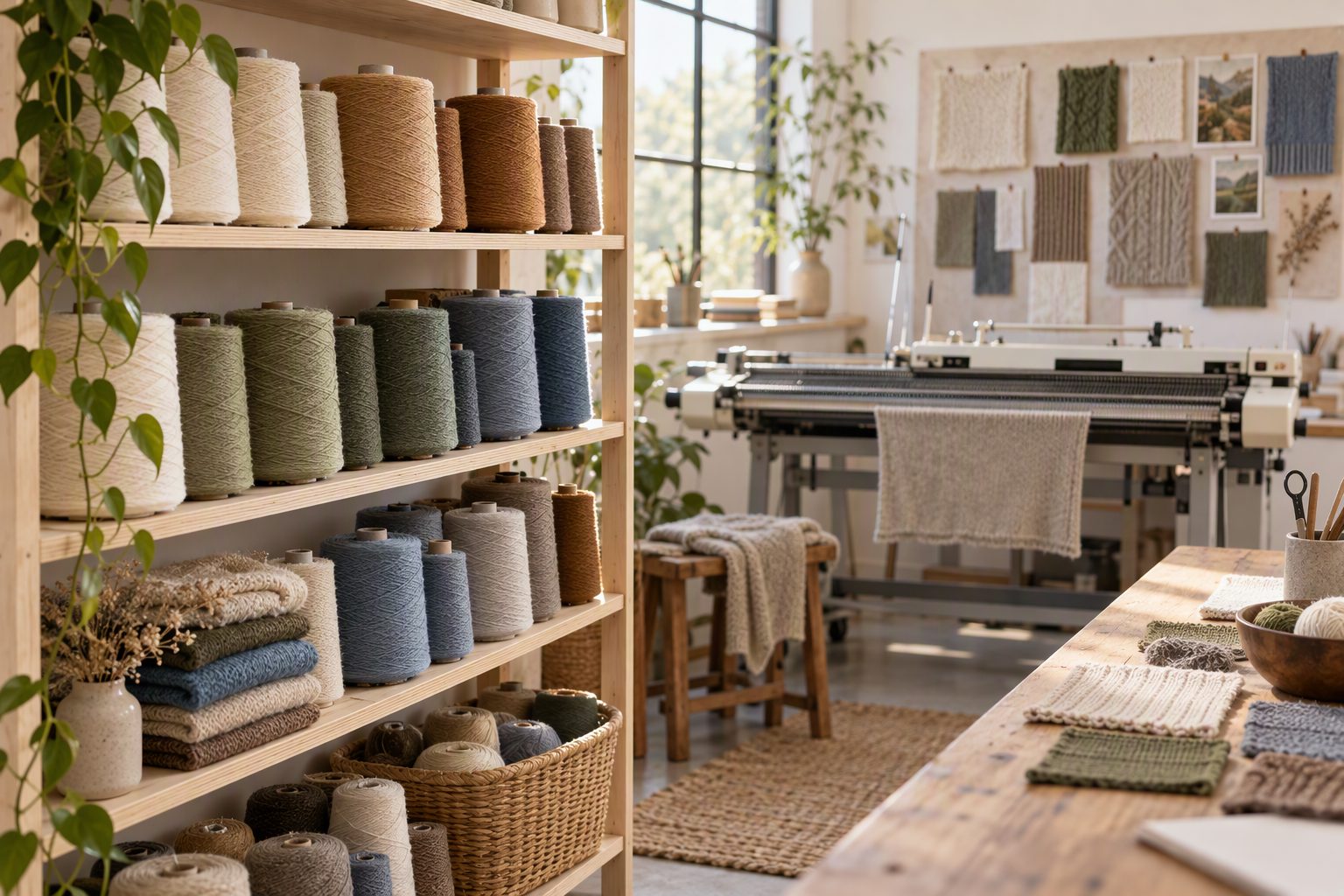 Yarn cones and knitting machines in the TEEVEN LUKE atelier
