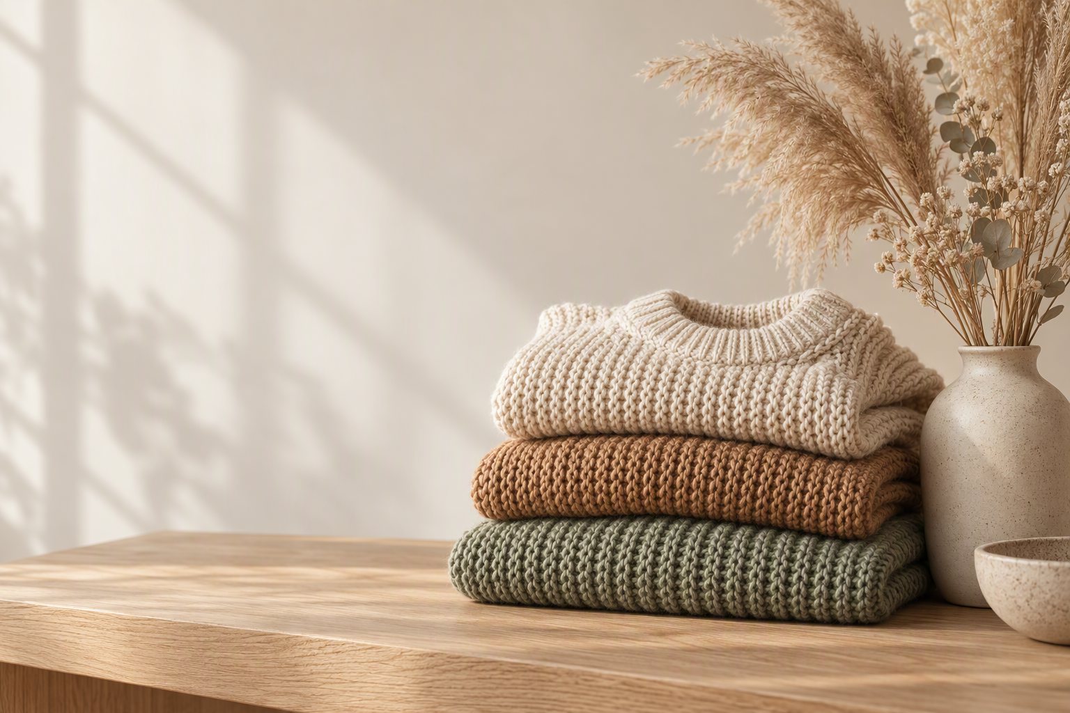 TEEVEN LUKE women's knitwear collection in cream, caramel and sage