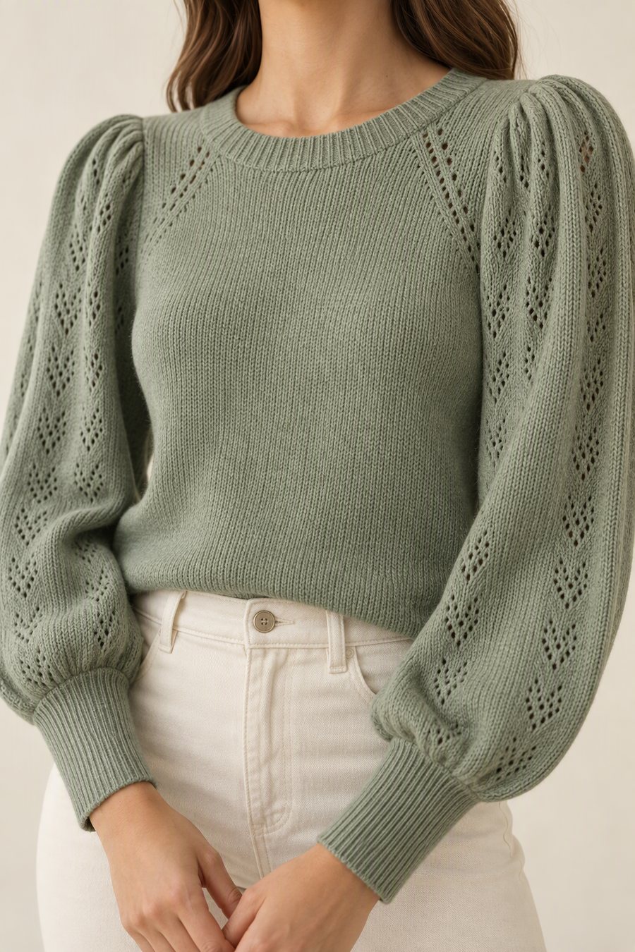 Sage green puff-sleeve pointelle sweater